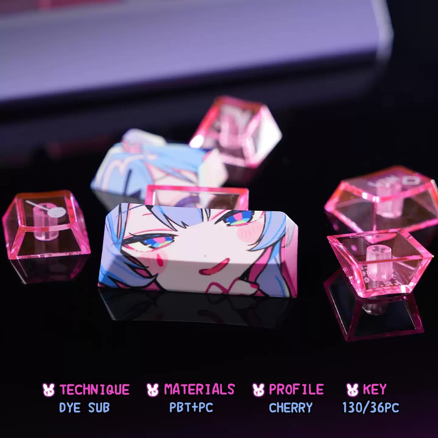 Rabbit Hole themed keycap pbt+PC sublimation technology side transparent personalized keycap set, anime game music themed decorative keycaps