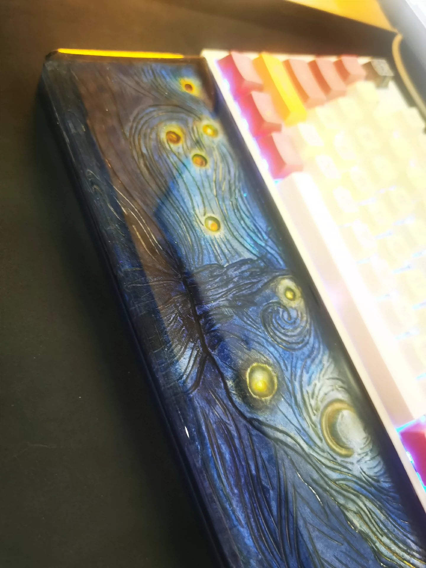 Van Gogh style starry night, Keyboard holder, Handmade custom resin hand support, keyboard accessories