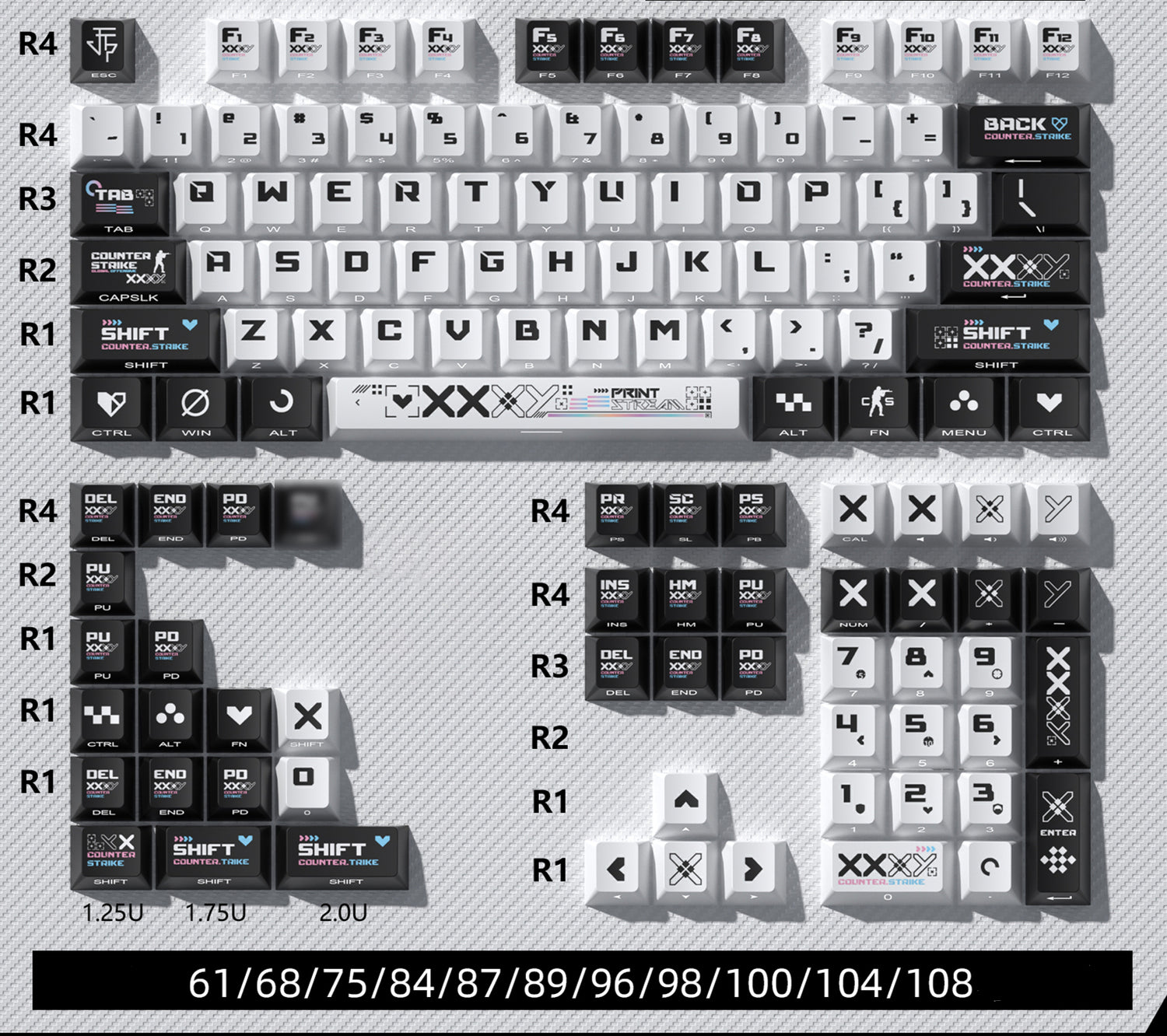 CSGO Printed Theme Collection, Black and White PC Transparent, PBT Set Keycaps, Heat Sublimation Personalized Set Keycaps.