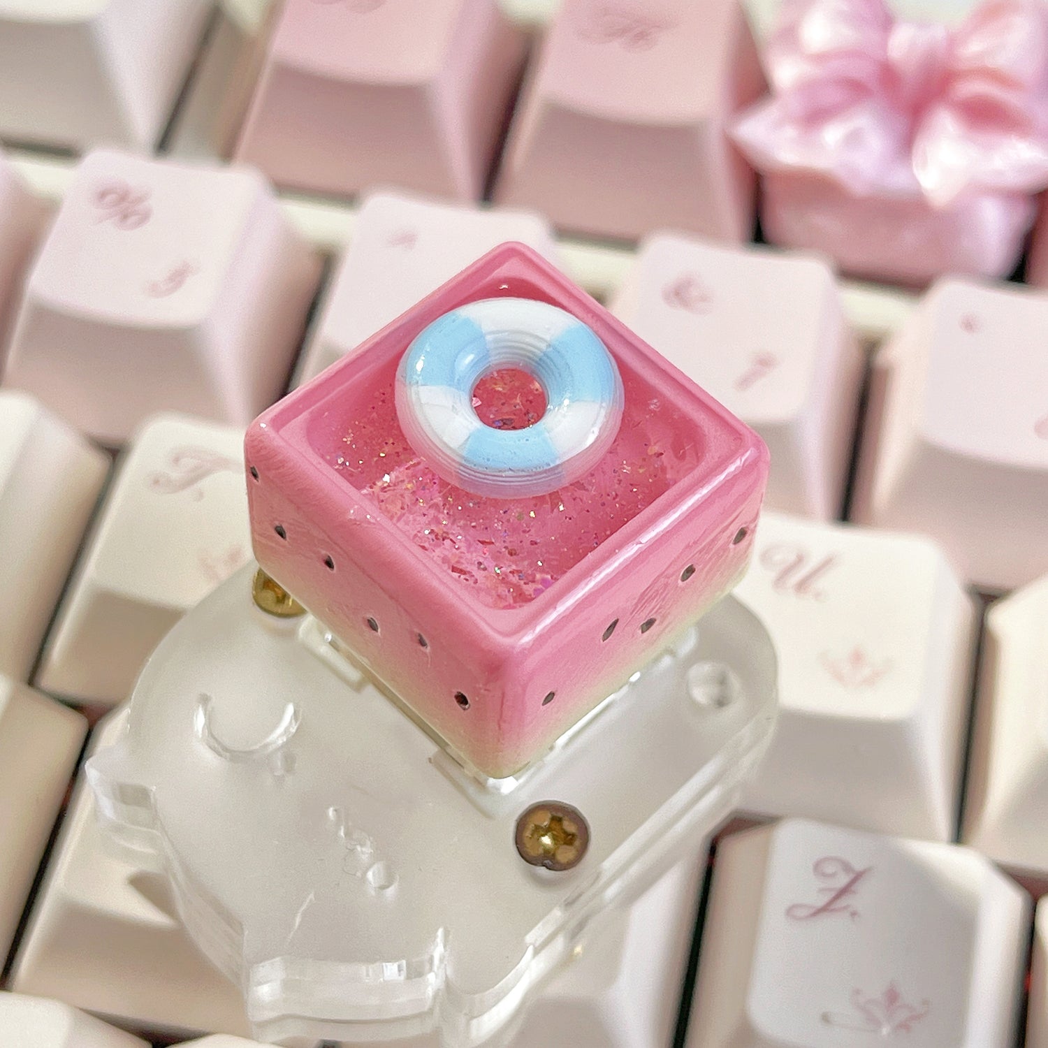 Watermelon Pool Cute Piggy, Clay Shaped Material, Cute Pink Personalized Keycaps, Cultural and Creative Handmade Keycaps