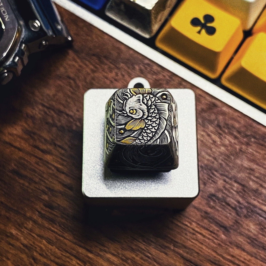 Blessing Carp, 925 Silver Base, Inlaid with Gold, Hand Carved on Five Sides Handmade Keycaps, Craftsman Keycaps.