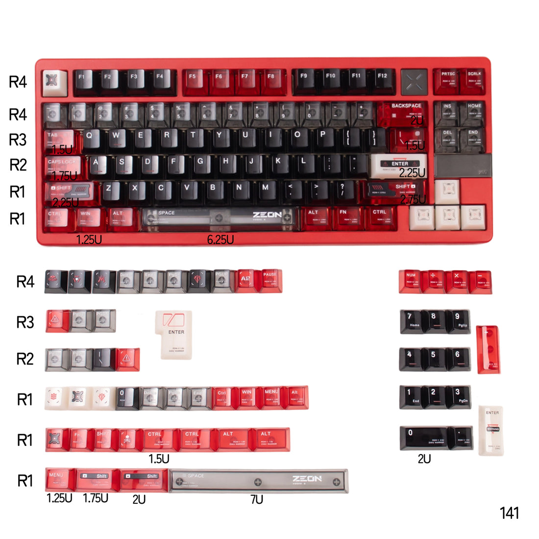 GUNDAM, ZAKU Warrior theme, original high PC transparent mechanical keyboard keycap UV printing creative personalized keycap set