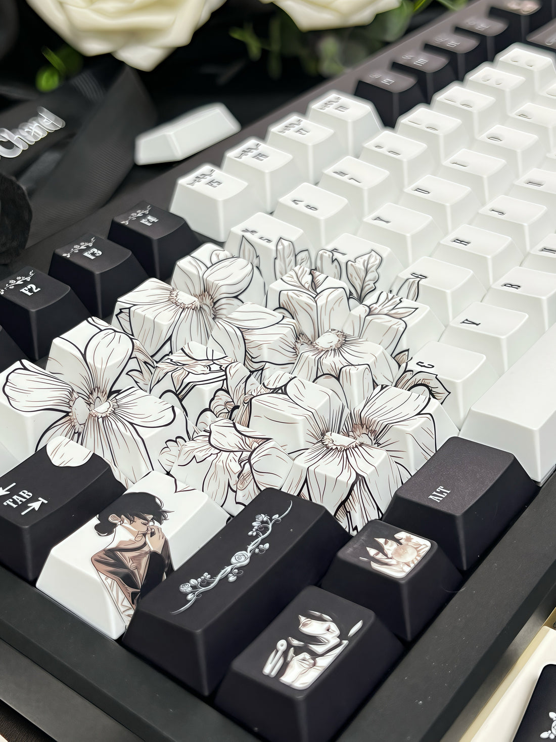 Chainsaw Man, Reze Theme Keycap Two dimensional Anime Peripheral Mechanical Keycap PBT Five sided Heat Sublimation Personalized Keycap Set