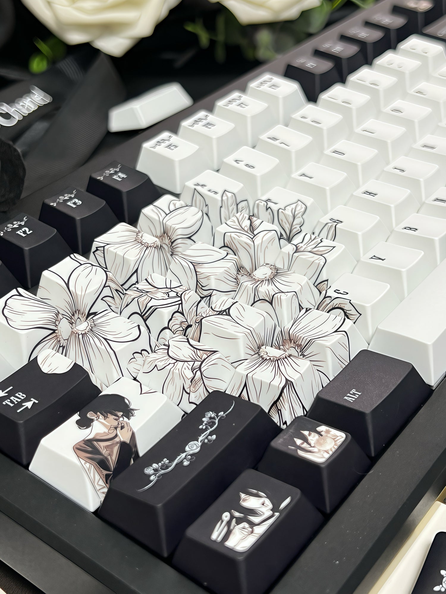 Chainsaw Man, Reze Theme Keycap Two dimensional Anime Peripheral Mechanical Keycap PBT Five sided Heat Sublimation Personalized Keycap Set