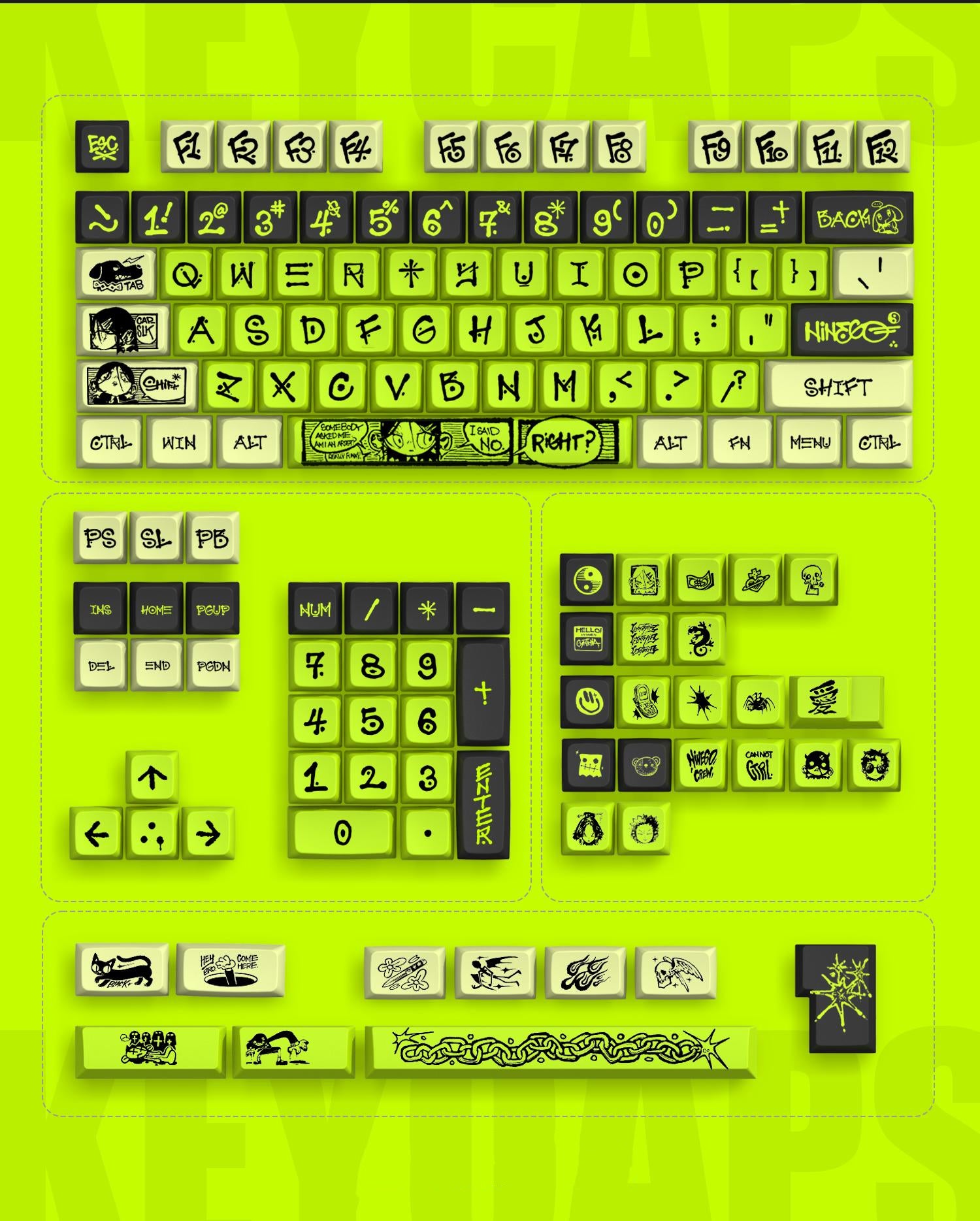 Street artist graffiti series, PBT material sublimation process personalized keycap customization set, decorative keycaps