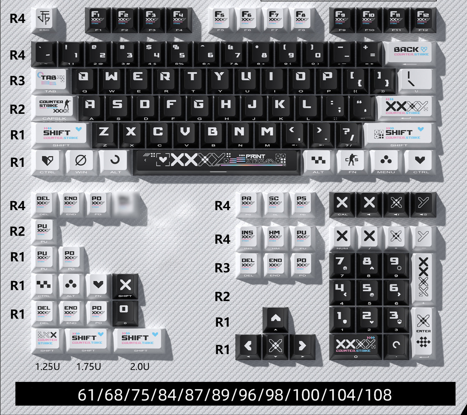 CSGO Printed Theme Collection, Black and White PC Transparent, PBT Set Keycaps, Heat Sublimation Personalized Set Keycaps.