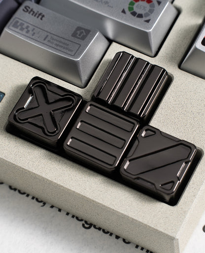 Nuclear Cube themed design, metal black and white color scheme, glossy matte metal, customized personalized keycaps