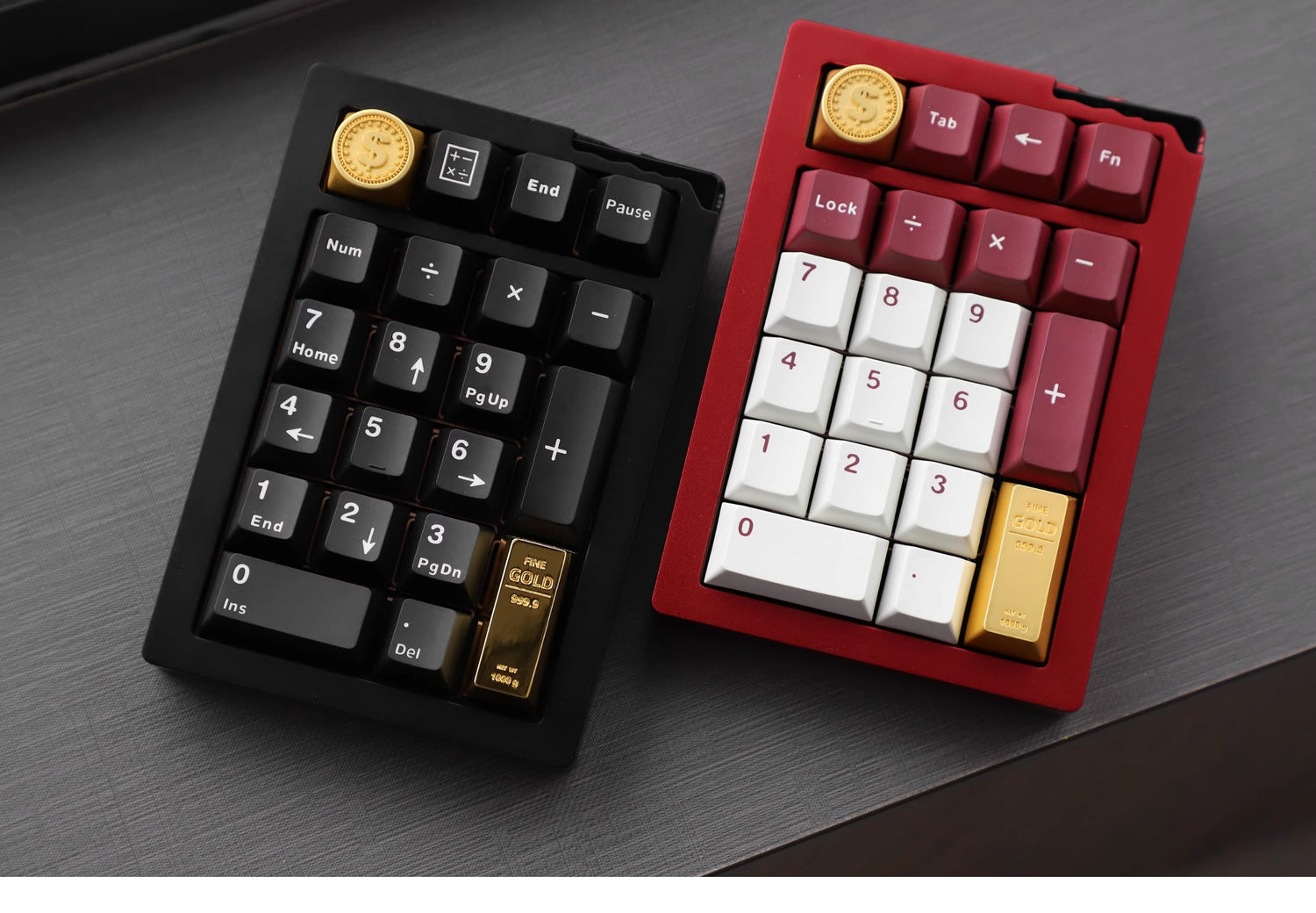 Metal personalized keycaps, featuring gold bar and gold brick shaped enter keys, made of zinc alloy material with original height, including enter and ESC keys