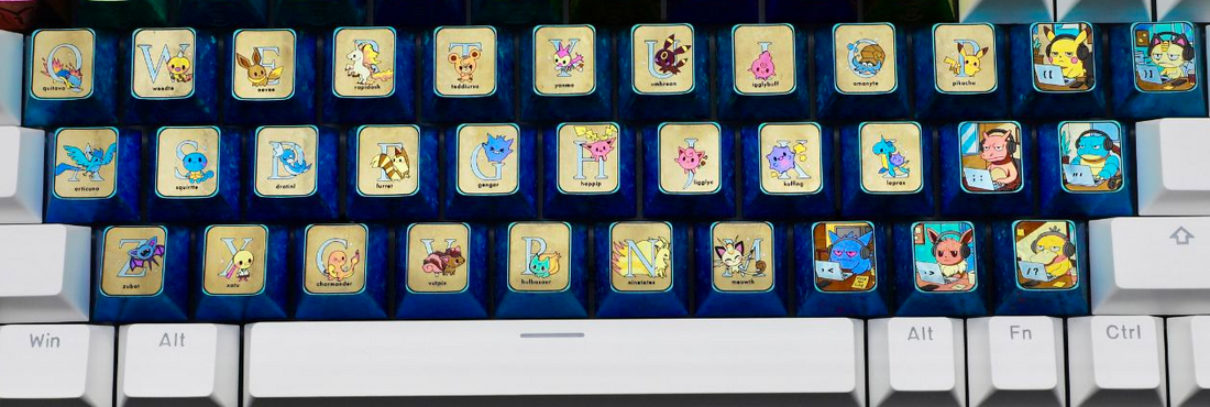 Pok é mon titanium alloy, 26 letter key set/7 character key set. Metallic personalized keycaps.