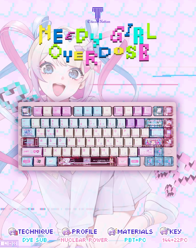 NEEDY GIRL OVERDOSE Theme Keycaps PBT+PC Thermal Sublimation Craftsmanship Personalized Keycap Set Pink Series Keycaps, Anime Game Theme Decorative Keycaps