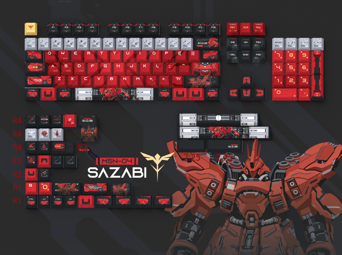 Gundam‌， SAZABI，MSN-04, There are two versions: opaque and semi transparent personalized keycaps, mechanical keyboard replacement keycap set, anime and game cultural and creative keycaps set,61/64/68/75/84/87/104 Key Mechanical Keyboard Keycap Set