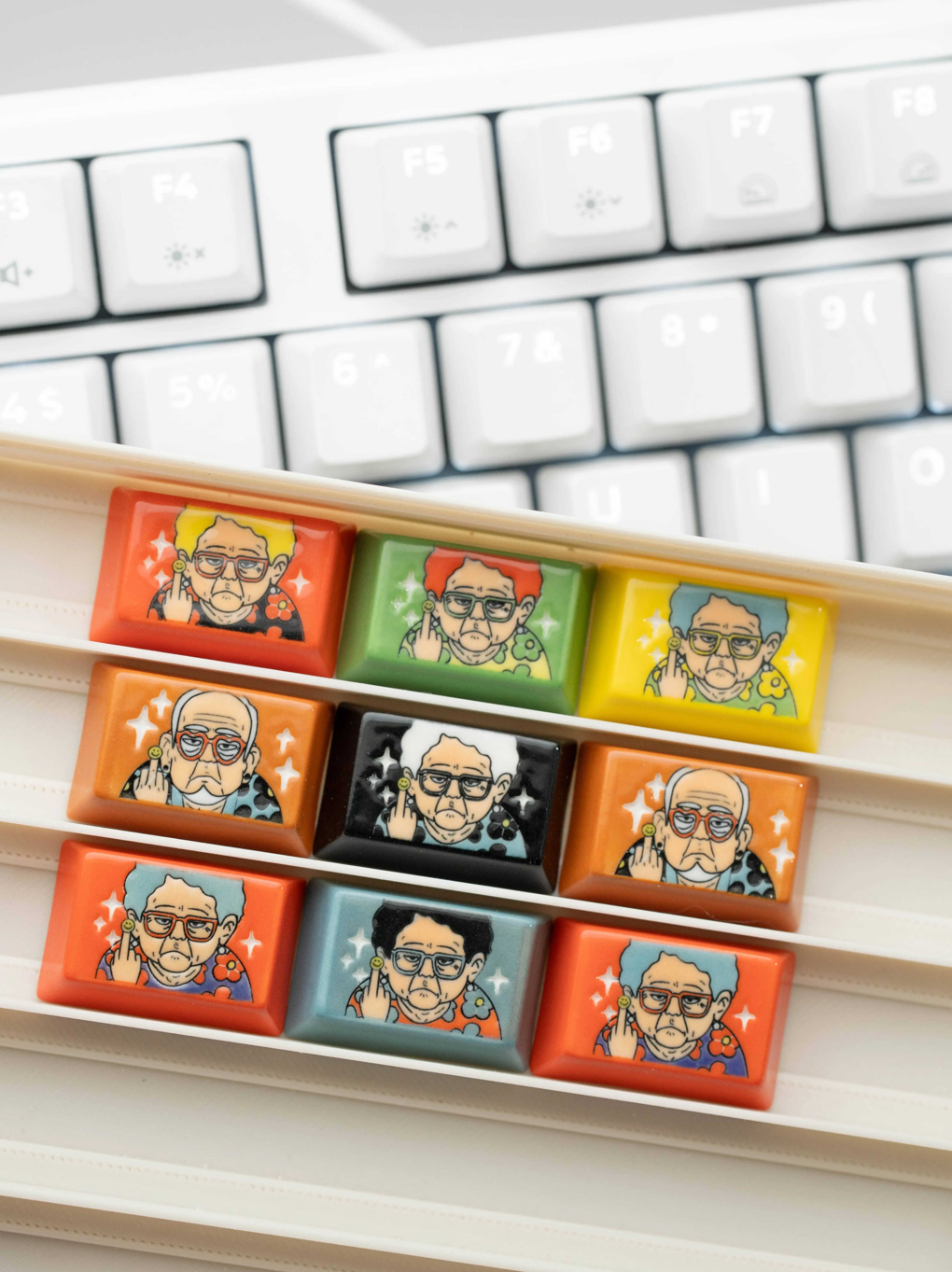 Grandpa and grandma are in a good mood. Illustration theme, hand drawn, creative underglaze color, ceramic keycaps, niche creativity, personalized keycaps, mechanical keyboards, DIY accessories, trendy customization, decorative keycaps