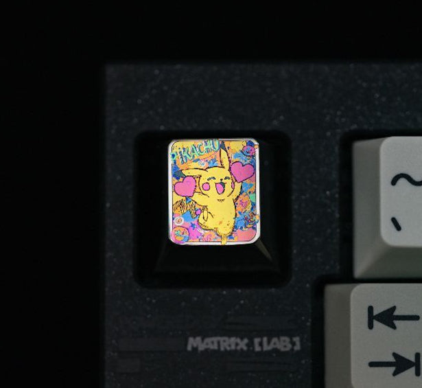 Pikachu crayon comic style, titanium alloy carved personalized keycaps, decorative keycaps