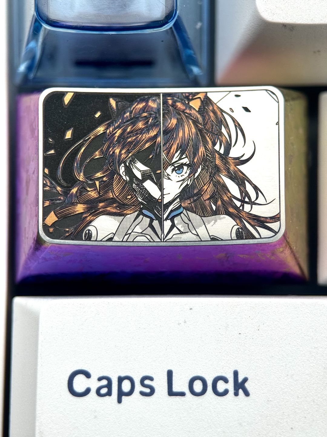 EVA, Asuka 1.5U titanium alloy personalized keycap, anime and game art decoration carving creative keycap.