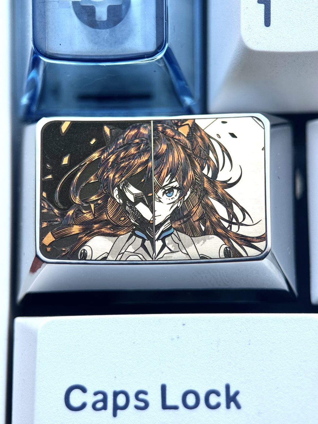 EVA, Asuka 1.5U titanium alloy personalized keycap, anime and game art decoration carving creative keycap.