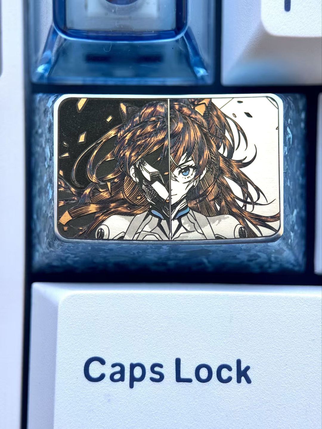 EVA, Asuka 1.5U titanium alloy personalized keycap, anime and game art decoration carving creative keycap.