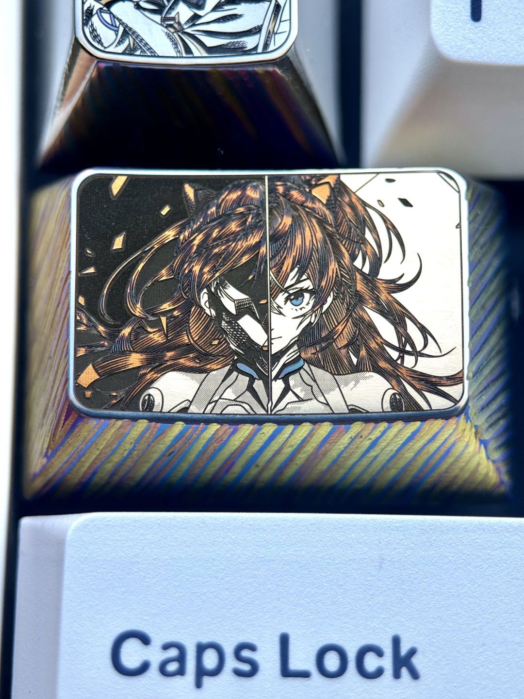 EVA, Asuka 1.5U titanium alloy personalized keycap, anime and game art decoration carving creative keycap.