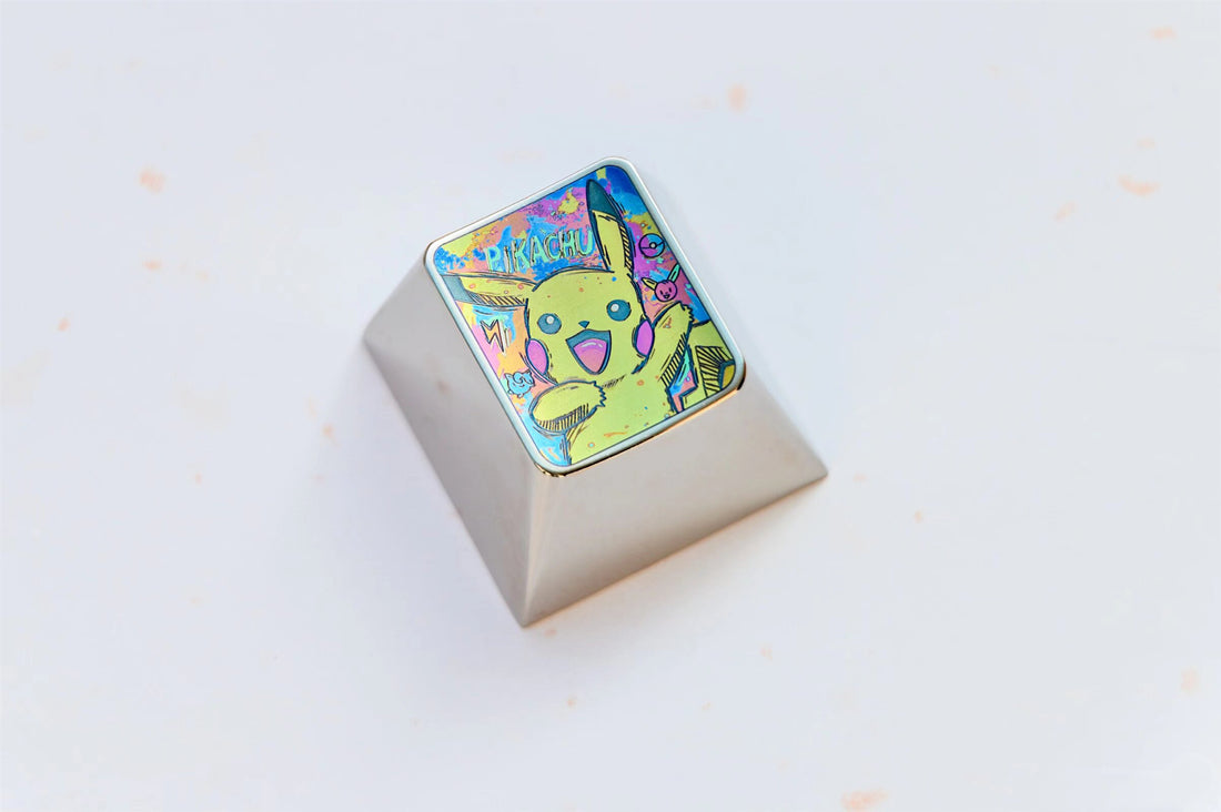 Pok é mon series, Pikachu crayon drawing style 1U titanium alloy personalized keycaps, anime and game culture creative decorative keycaps