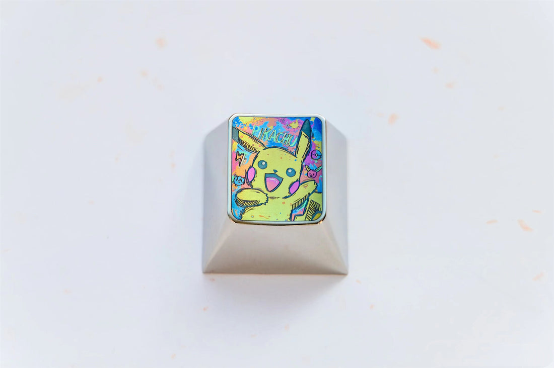 Pok é mon series, Pikachu crayon drawing style 1U titanium alloy personalized keycaps, anime and game culture creative decorative keycaps