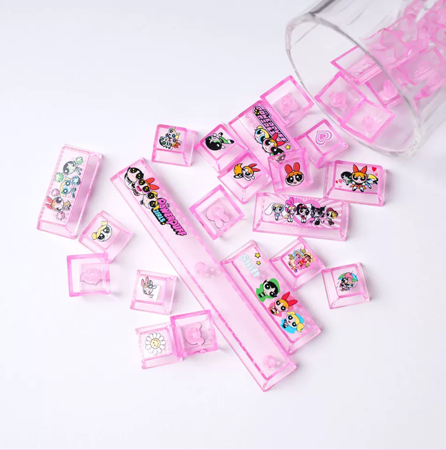 The Powerpuff Girls Season theme, pink keycap set PBT+PC material personalized keycap set, anime and games cultural creative decoration keycap set, compatible with 61/64/68/75/84/87/104 mechanical keyboard