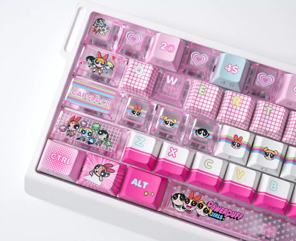 The Powerpuff Girls Season theme, pink keycap set PBT+PC material personalized keycap set, anime and games cultural creative decoration keycap set, compatible with 61/64/68/75/84/87/104 mechanical keyboard