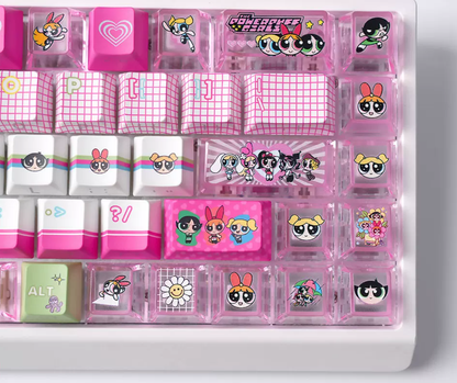 The Powerpuff Girls Season theme, pink keycap set PBT+PC material personalized keycap set, anime and games cultural creative decoration keycap set, compatible with 61/64/68/75/84/87/104 mechanical keyboard