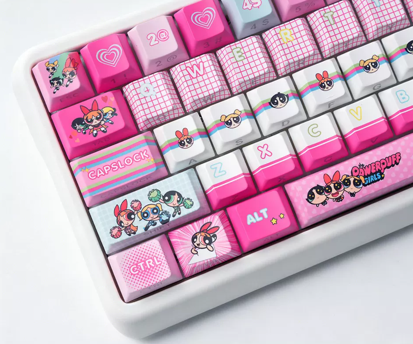 The Powerpuff Girls Season theme, pink keycap set PBT+PC material personalized keycap set, anime and games cultural creative decoration keycap set, compatible with 61/64/68/75/84/87/104 mechanical keyboard