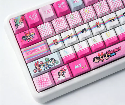 The Powerpuff Girls Season theme, pink keycap set PBT+PC material personalized keycap set, anime and games cultural creative decoration keycap set, compatible with 61/64/68/75/84/87/104 mechanical keyboard