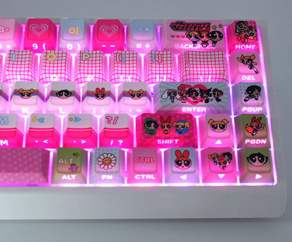 The Powerpuff Girls Season theme, pink keycap set PBT+PC material personalized keycap set, anime and games cultural creative decoration keycap set, compatible with 61/64/68/75/84/87/104 mechanical keyboard