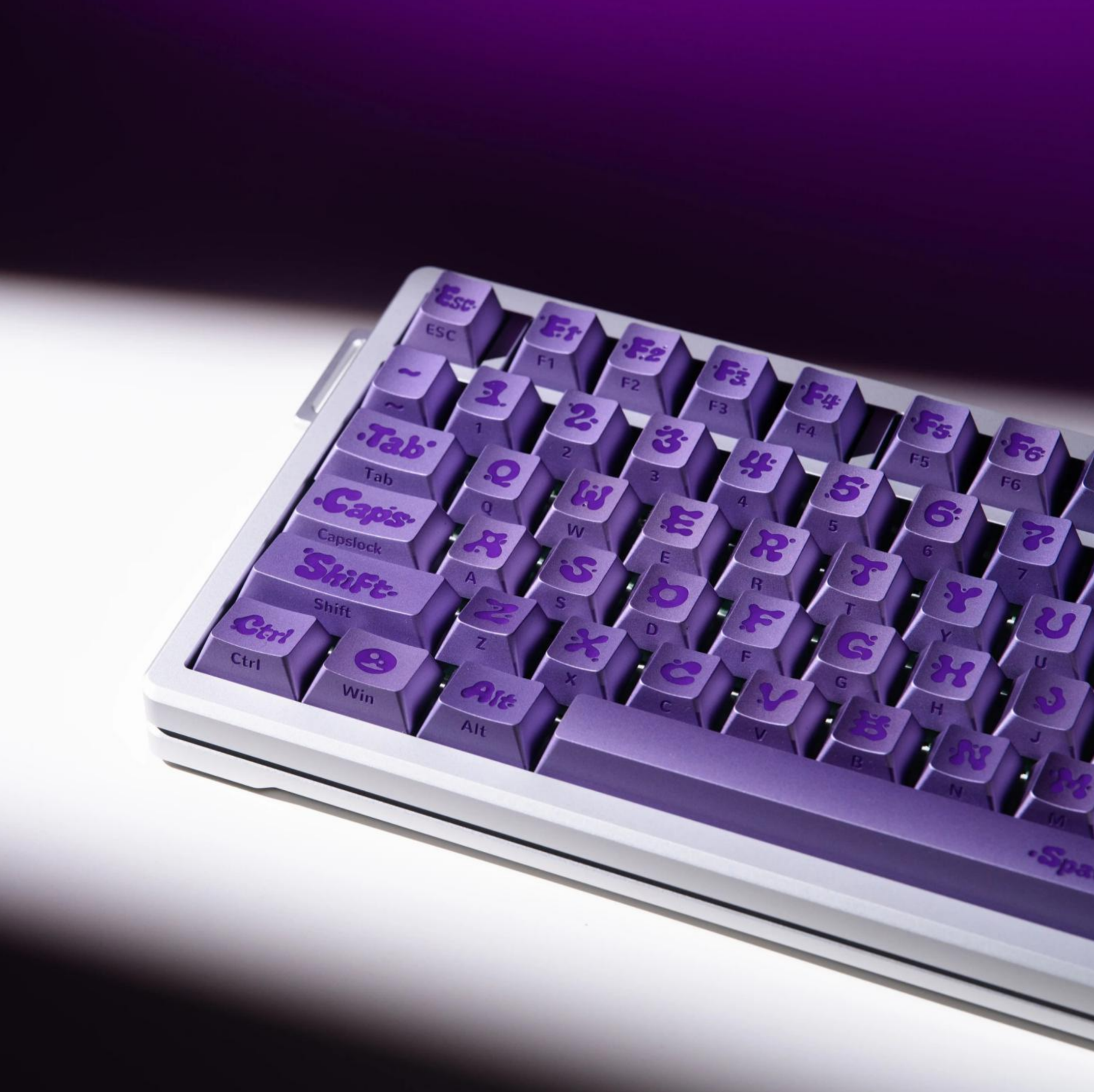 Anode violet aluminum alloy metal keycap set factory height, mechanical keyboard metal decorative keycaps, liquid character design artistic keycaps