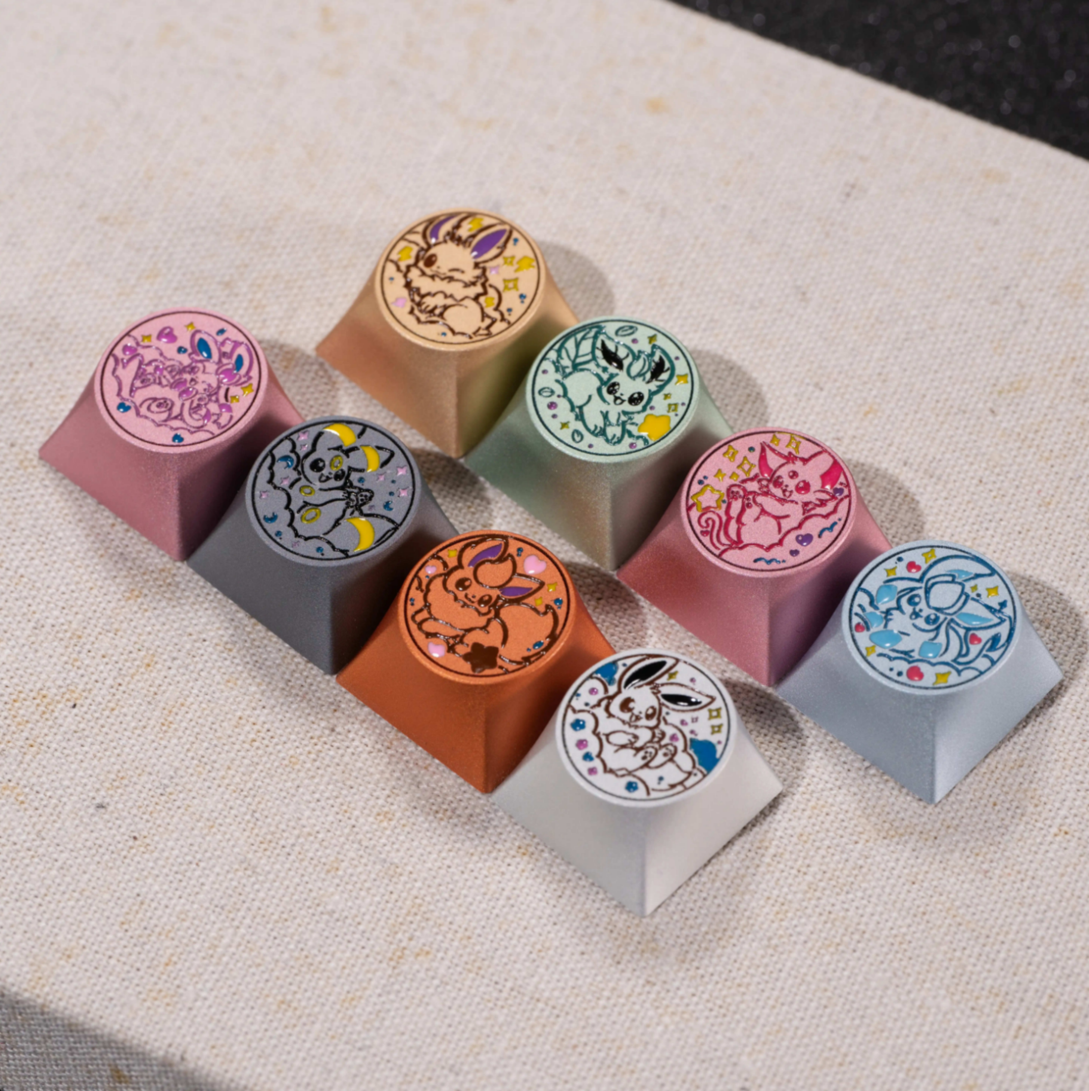 Pok é mon, Eevee series, aluminum alloy CNC circular button shaped personalized keycaps, mechanical keyboard metal decorative keycaps