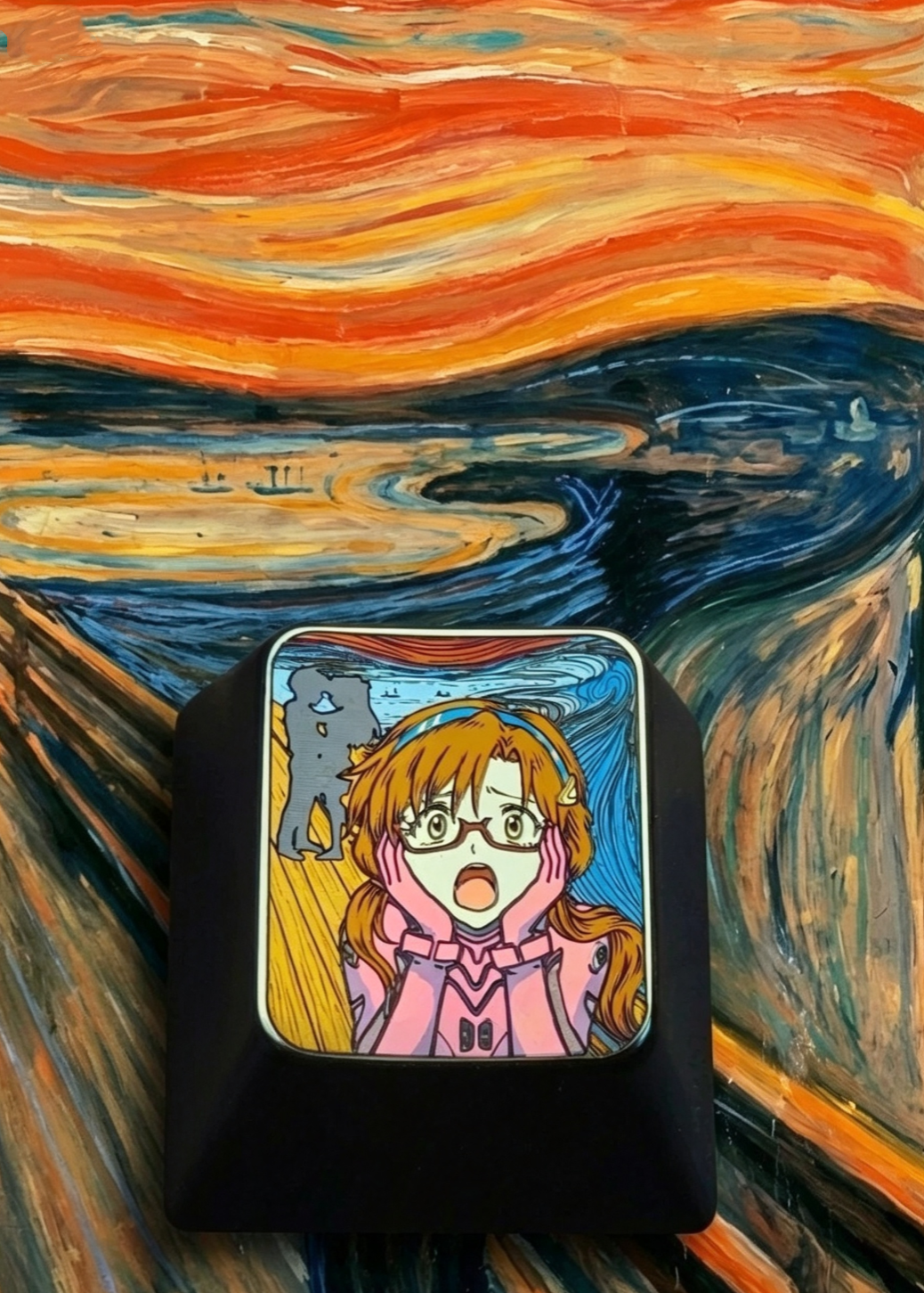 EVA, Asuka/Ayanami Rei/Mari Makinami Illustrious，The Scream, 1U titanium alloy metal personalized keycaps, anime oil painting cultural creative keycaps, mechanical keyboard artistic decorative keycaps