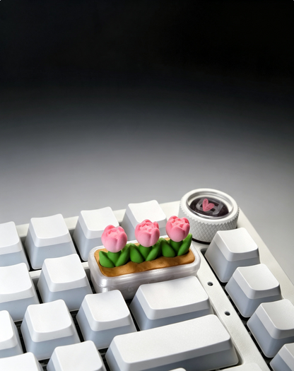Colorful tulips, pink potted plants, handmade translucent 2U, grid removed keycaps, creative personalized keycaps, floral shaped mechanical keyboard decoration keycaps