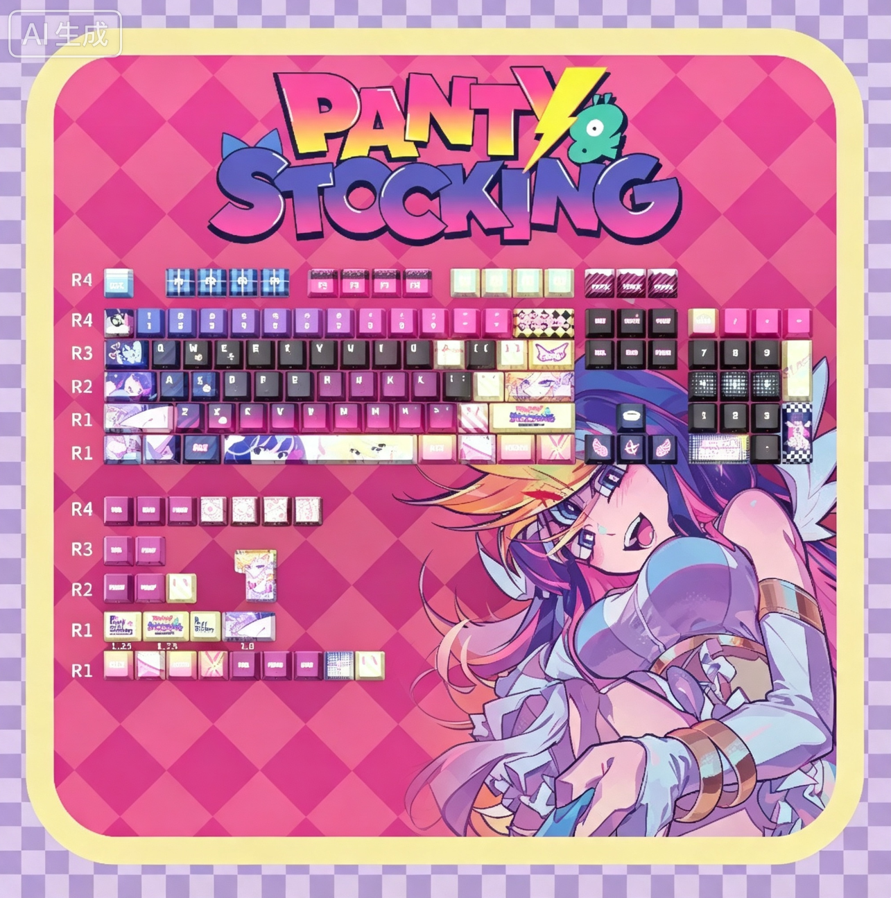 Panty &amp; Stocking with Garterbelt，theme, PBT material personalized keycap set, anime keycap culture peripheral mechanical keyboard decoration keycaps， Compatible with 61/64/68/75/84/87/104 key mechanical keyboard keycap set