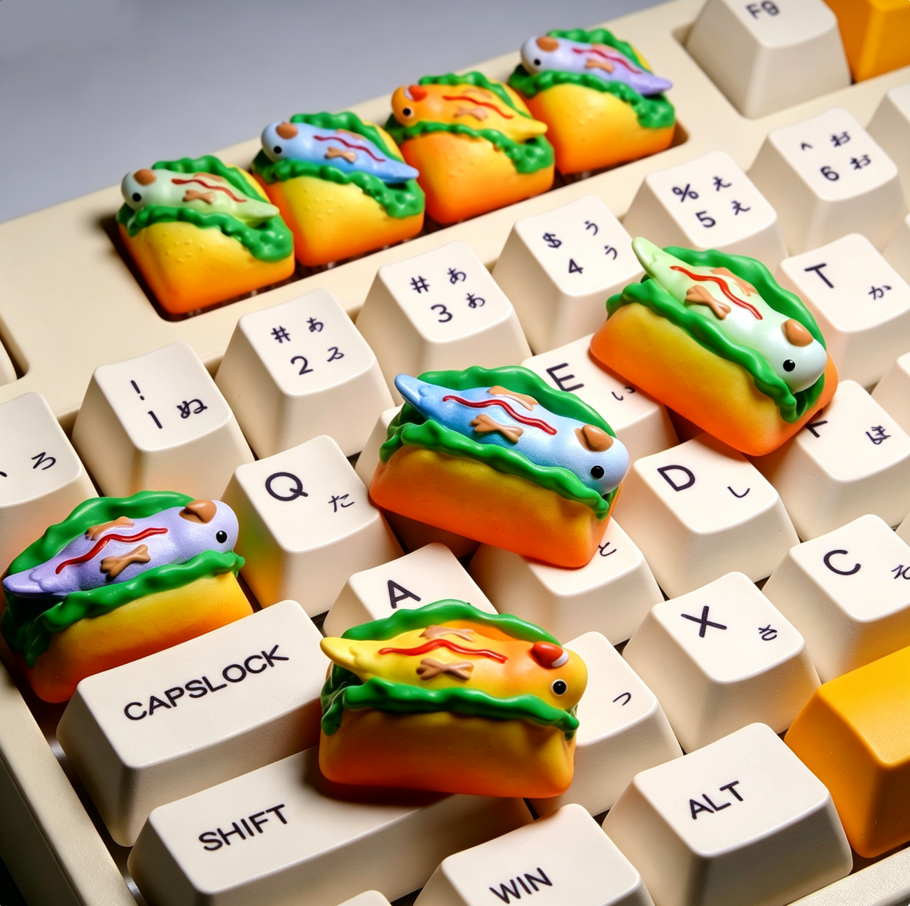 Agapornis， Hot dog parrot shaped, resin coated personalized keycaps, mechanical keyboard cartoon decorative keycaps