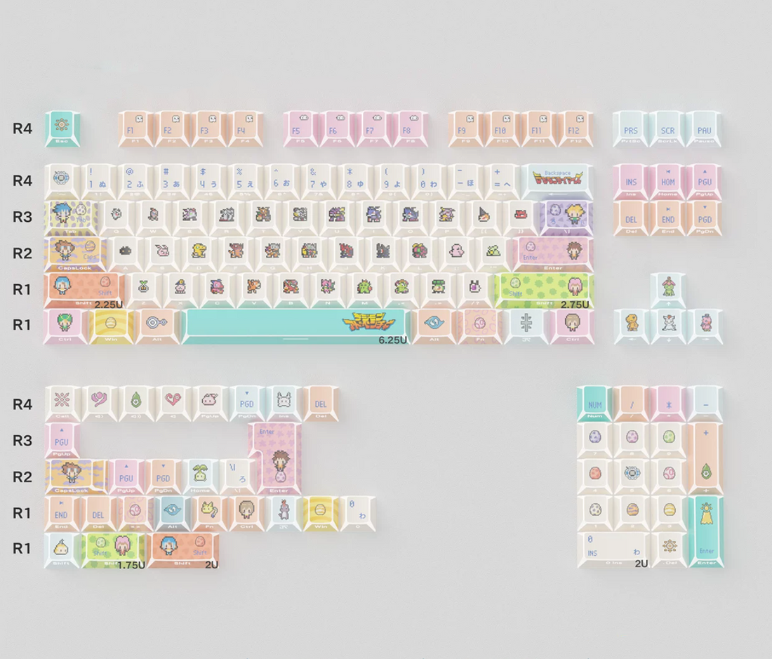 Digimon theme, edge translucent mechanical keyboard replacement keycap set, anime and game cultural and creative keycaps set, Compatible with 61/64/68/75/84/87/104 Key Mechanical Keyboard Keycap Set
