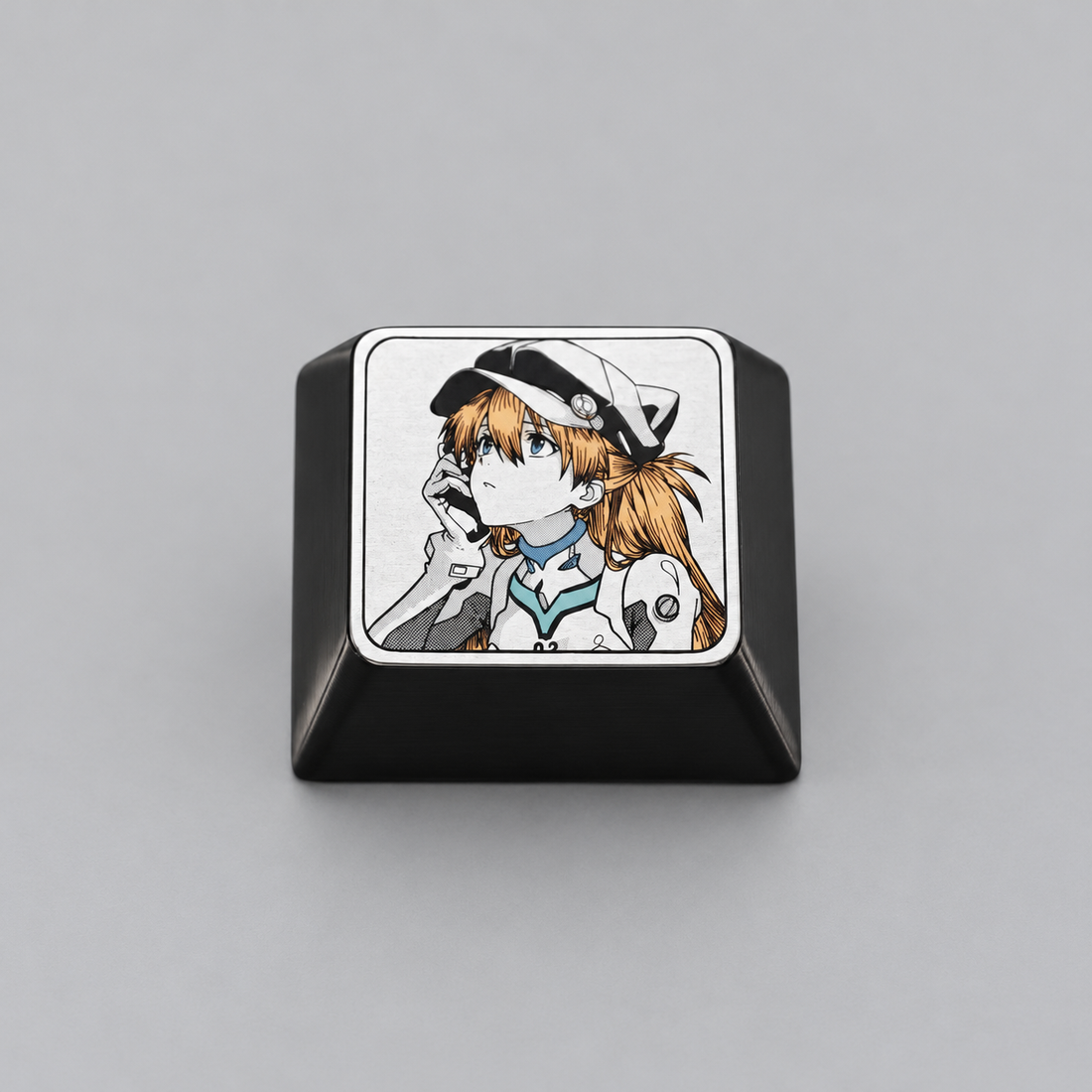 EVA, wear a hat Asuka themed intricately carved lines 1.25 U titanium alloy metal personalized keycaps, anime and game character peripheral products, decorative keycaps.