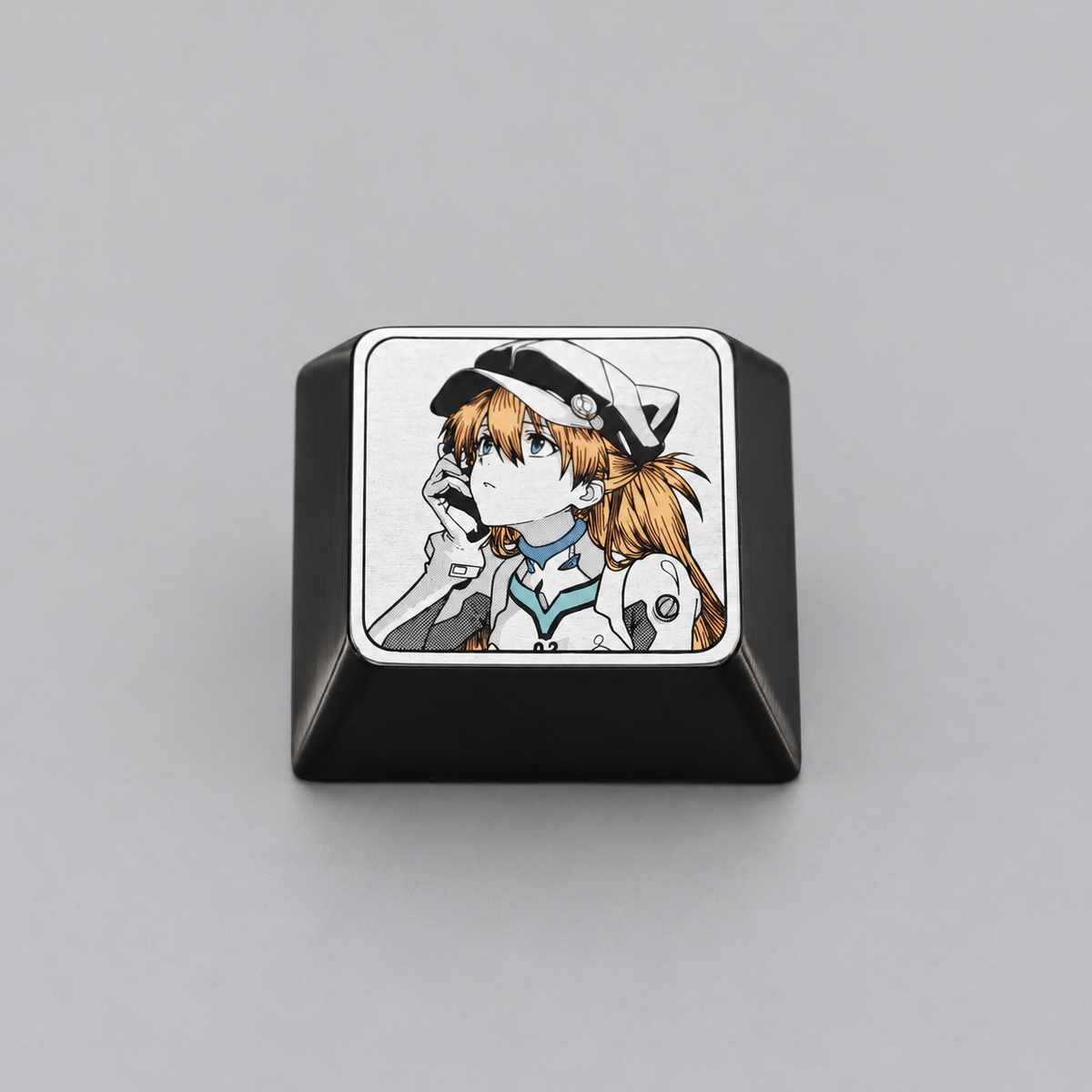 EVA, wear a hat Asuka themed intricately carved lines 1.25 U titanium alloy metal personalized keycaps, anime and game character peripheral products, decorative keycaps.