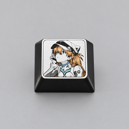 EVA, wear a hat Asuka themed intricately carved lines 1.25 U titanium alloy metal personalized keycaps, anime and game character peripheral products, decorative keycaps.