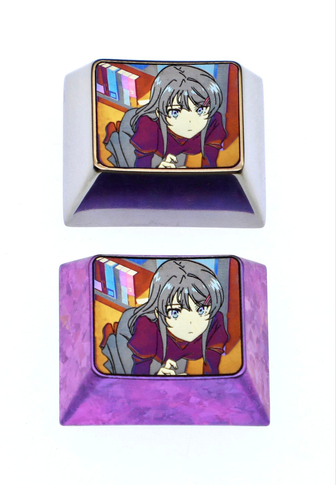 Sakurajima Mai, 1.25U titanium alloy personalized keycap, metal carved decorative keycap for anime, gaming, and novels.