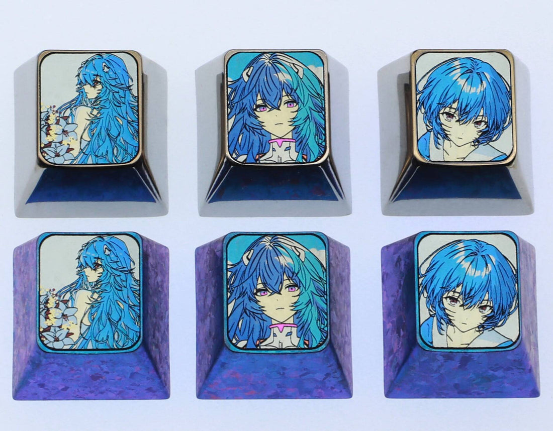 EVA,Ayanami Rei, 3 personalized 1U titanium alloy keycaps, customized metal decorative keycaps for anime, gaming, cultural and creative design