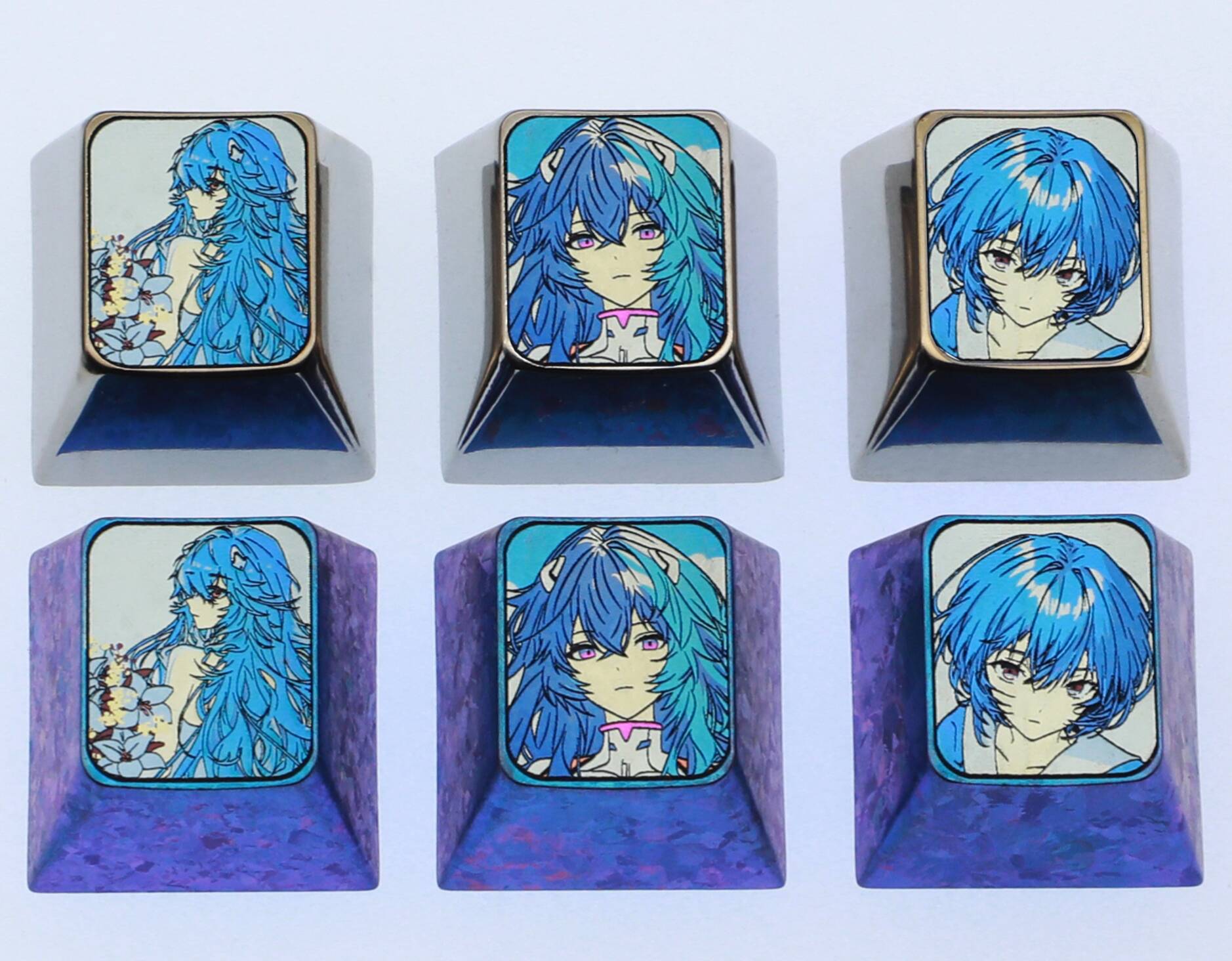 EVA，Ayanami Rei， 3 personalized 1U titanium alloy keycaps, customized metal decorative keycaps for anime, gaming, cultural and creative design