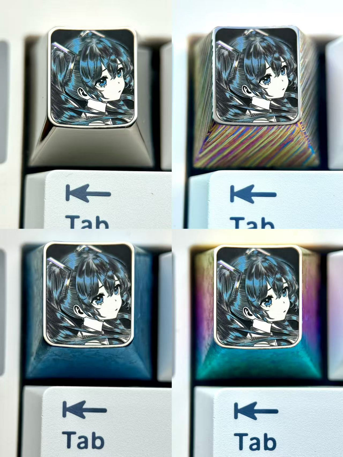 Hatsune Miku, crying expression 1U titanium alloy ultra precision stippling, animation game music characters surrounding metal engraving personalized keycaps