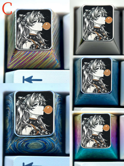 EVA，Asuka， Blowing bubble gum shape, 1U titanium alloy personalized keycap, anime and game culture creative peripheral decorative keycap.