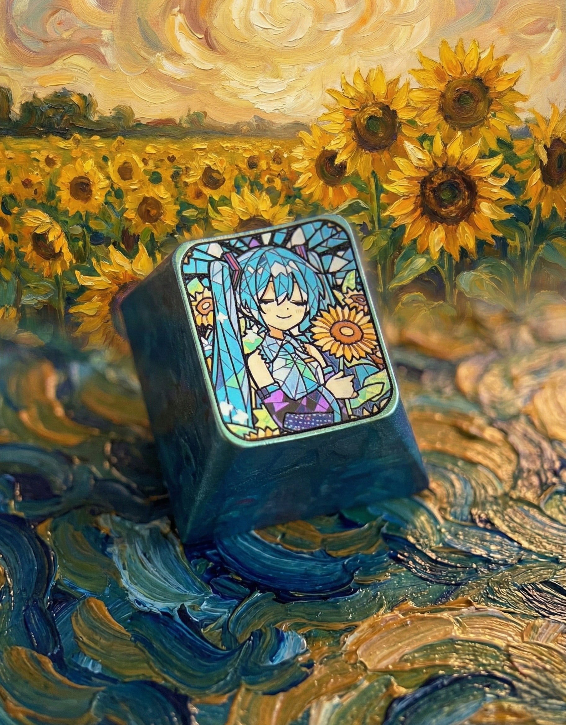 Original painting Hatsune Miku sunflower, 1U titanium alloy personalized key cap, animation, game, music, culture, creativity, peripheral mechanical keyboard, decorative key cap