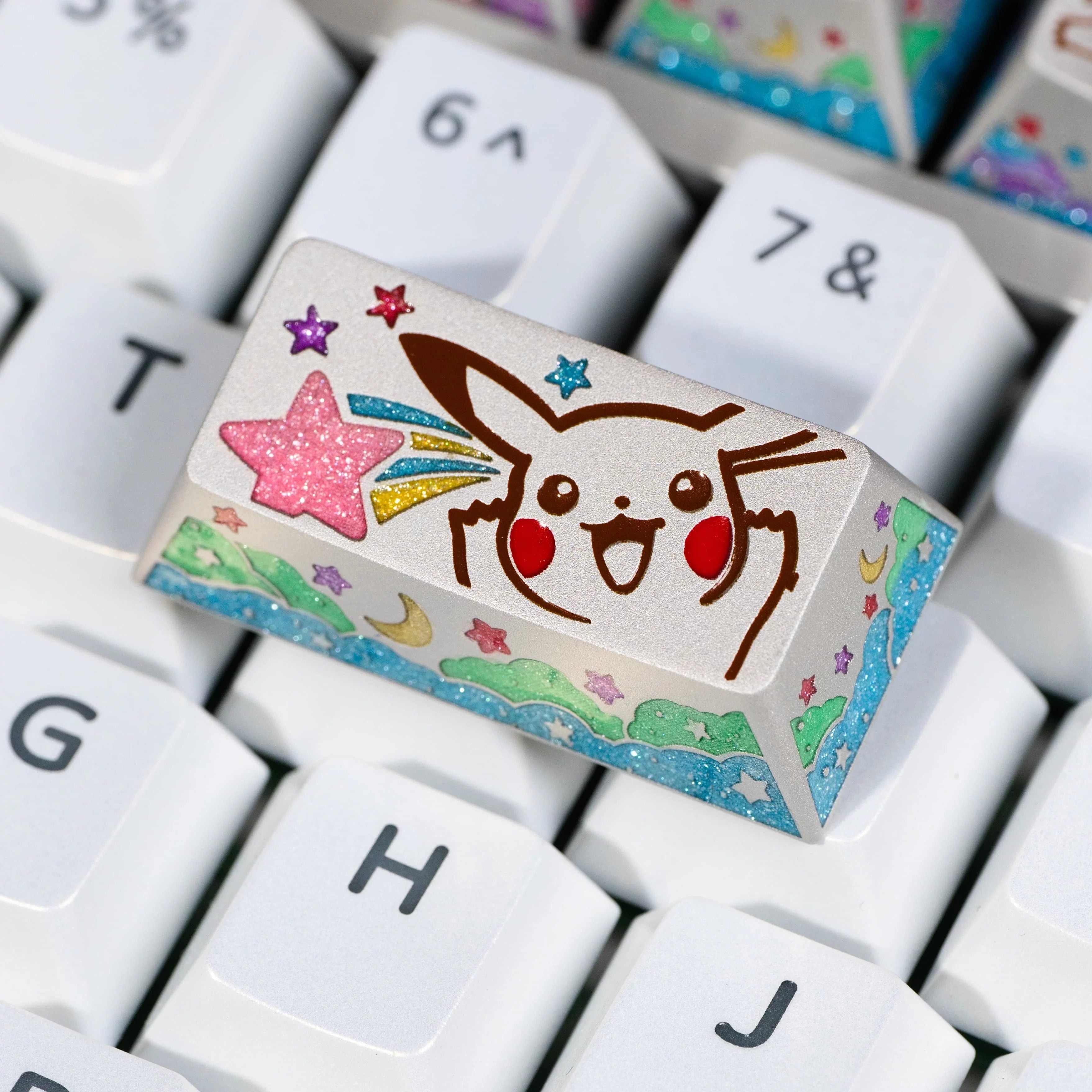 Pok é mon series, Pikachu themed design, keycaps made of aluminum alloy material CNC integrated precision machining personalized keycaps, mechanical keyboard decorative keycaps