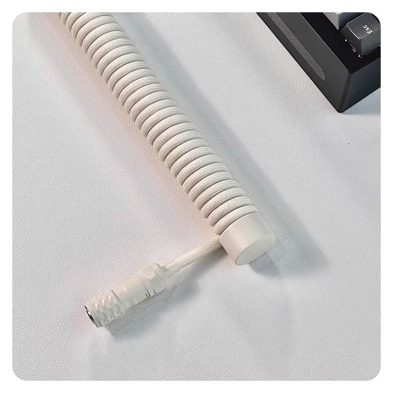 Ivory white handmade custom keyboard 1.5M aviation plug spiral data cable, overall white hardware white