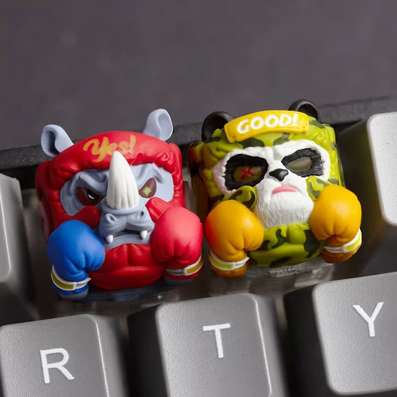 Rhino boxer,Panda boxer, original design multi-color resin personalized keycaps, handmade craftsman decorated keycaps, artistic keycaps