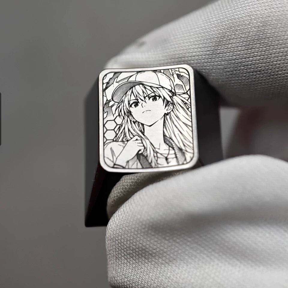 EVA， Asuka wearing a hat 1 U titanium alloy personalized keycaps, anime and game cultural creative keycaps, mechanical keyboard decorative keycaps