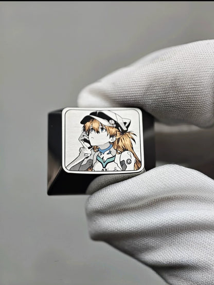 EVA, wear a hat Asuka themed intricately carved lines 1.25 U titanium alloy metal personalized keycaps, anime and game character peripheral products, decorative keycaps.